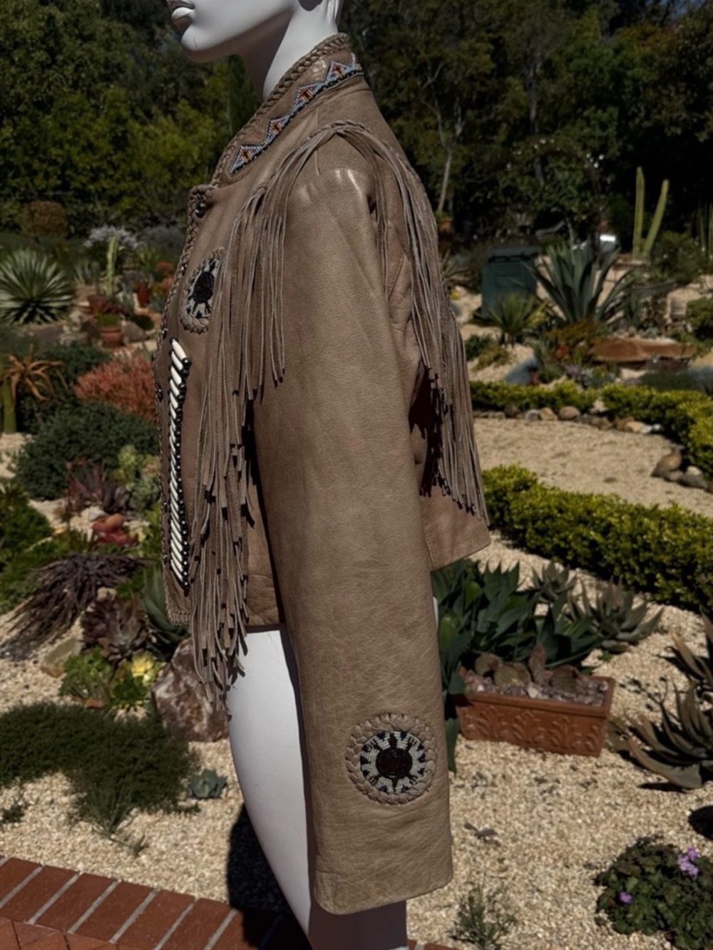 Sunriders Taupe Fringe Leather Beaded Western Jacket - Picture 2 of 7